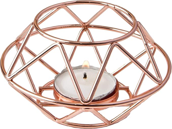 FASHIONCRAFT 8742 Geometric Design Rose Gold Metal Tealight Candle Holder, Candle Wedding Favor, Candle Centerpiece, Pack of 2